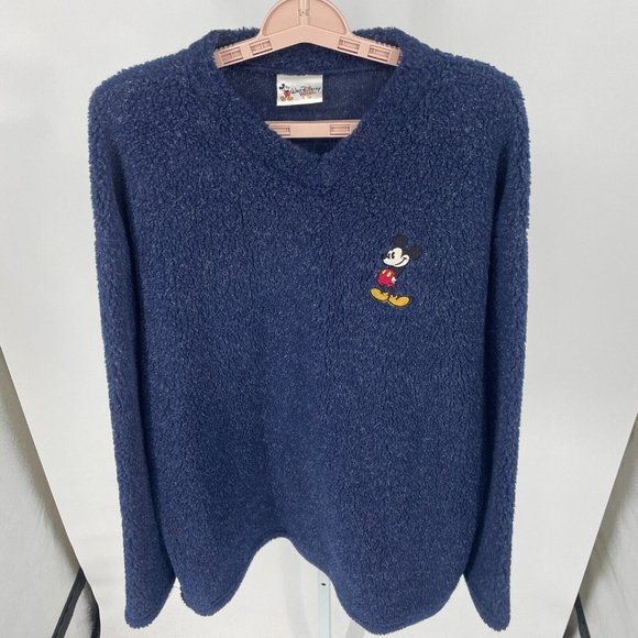 Disney Tops - Walt Disney World (1998-2007) Y2K Sherpa Fleece Embroidered Mickey Navy Blue XL